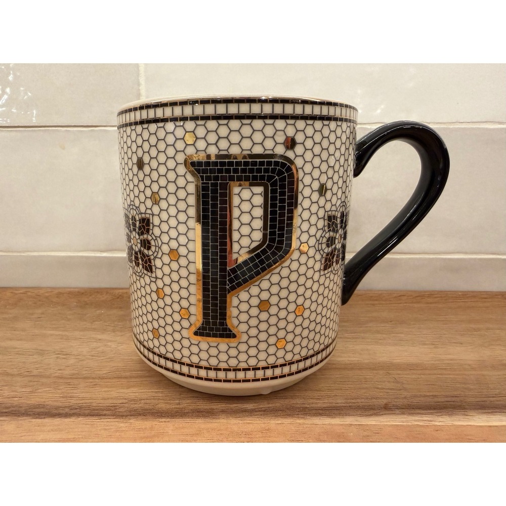 Anthropologie Tiled Margot Monogram Mug Letter P Black‎ White Gold Mosaic Bistro